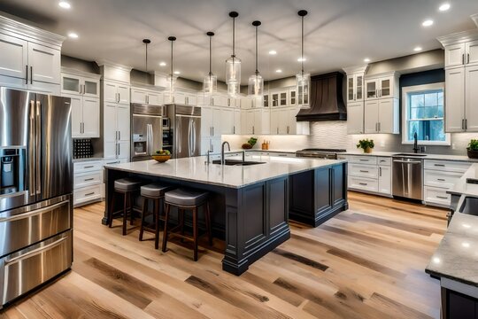A modern kitchen renovation with a central island, hardwood floors, and quartz countertops