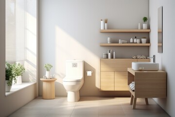 Ceramic white toilet bowl in the modern stylish bathroom interior. Home design ideas - obrazy, fototapety, plakaty