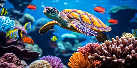 Keuken spatwand met foto Serene Depths: Turtle With Colorful Fish and Coral in Underwater Ocean Scene © Bartek