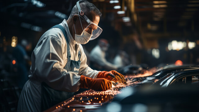auto mechanic worker painting, automobile repairman painter in protective workwear.