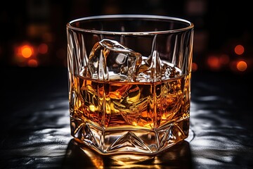 A glass of whiskey with ice on a wooden background. A glass of Scotch whiskey with ice in a rustic style. Whiskey on the rocks. - obrazy, fototapety, plakaty