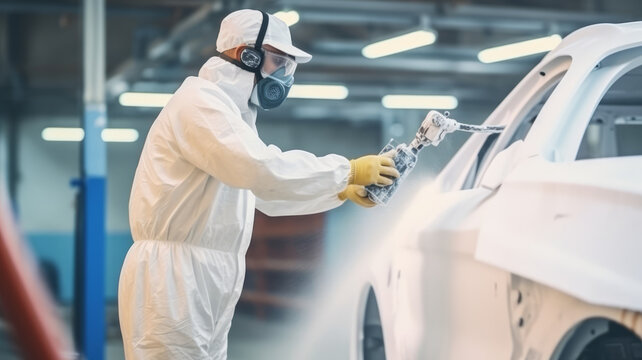 auto mechanic worker painting, automobile repairman painter in protective workwear.