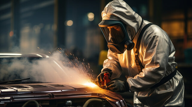 auto mechanic worker painting, automobile repairman painter in protective workwear.