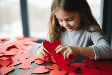 Young girl having fun making valentines. 