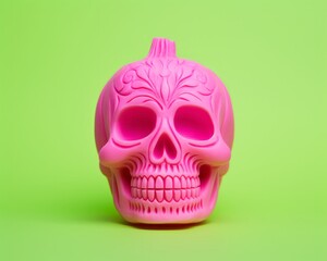 On a spooky halloween night, a bright pink skull sits atop a vibrant green background, its hauntingly hollow eyes and exposed bones a reminder of the mysteries and magic of the season