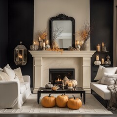 On halloween night, a cozy living room lit by a crackling fireplace features warm white furniture and festive pillows, creating a warm and inviting atmosphere for all to enjoy