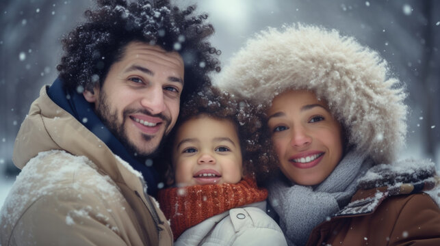 Portrait Of African American Family Enjoying The Winter Snow During The Christmas Season