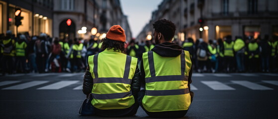 Climate change protest activists wearing yellow jacket sit on a road and block road traffic. crowd of protesters people fighting for their rights. Generative ai