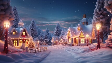 Christmas village with trees and interior lighting. Generative Ai.