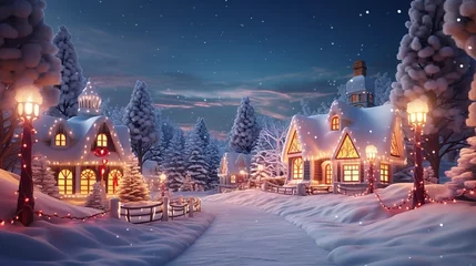 Foto op Plexiglas Christmas village with trees and interior lighting. Generative Ai. © MinixT