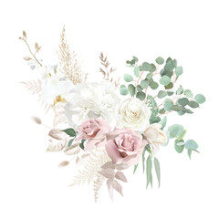 Silver sage green and blush pink flowers vector design bouquet. Dusty rose, white orchid
