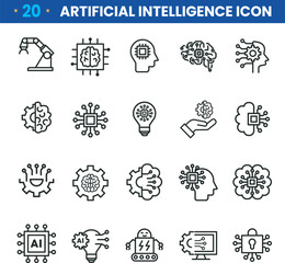 Simple set of artificial intelligence related line icons contains such icons as droid, eye, chip, brain. 