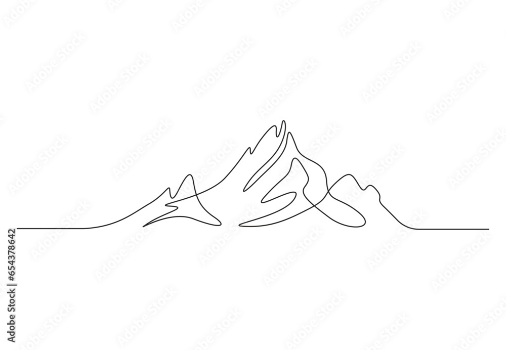 Poster continuous one line drawing of mountain range landscape top view of mounts in simple linear style ve
