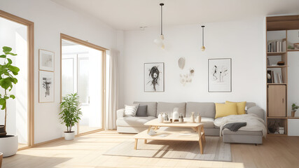 Modern interior japandi style design livingroom. Lighting and sunny scandinavian apartment with plaster and wood. Generative AI