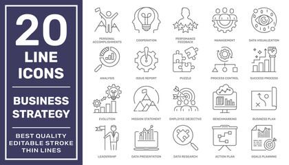 Business Management and Strategy Icon Collection. Thin Line Set contains such Icons as Vision, Mission, Values, Experience and more. Simple web icons set. Editable Stroke. EPS 10