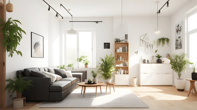 Modern interior japandi style design livingroom. Lighting and sunny scandinavian apartment with plaster and wood. Generative AI