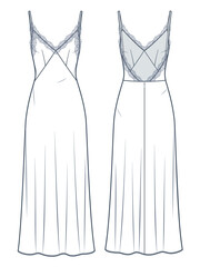 Slip Dress technical fashion illustration. Maxi Dress with Lace trim fashion flat technical drawing template, back zip-up, strap, front and back view, white color, women CAD mockup.