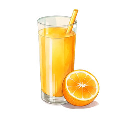 glass of orange juice with lemon, watercolor