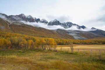steile Berge in den Lyngenalps von Troms in Norwegen. tiefe Gletschertäler mit herbstlich...