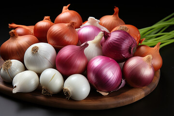 Onions of different varieties, close up