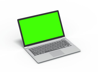 Modern laptop with easely changeable green screen design on the transparent background. 3D Render