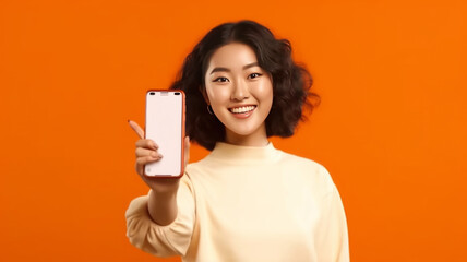 Naklejka premium asian woman Showing Pointing At Empty Smartphone Screen.generative ai