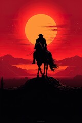 Cowboy on horse at sunset in the American West 
