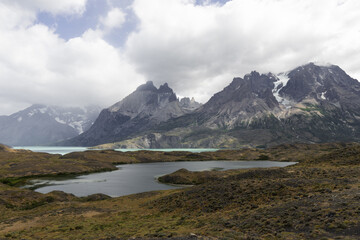 paranoramic view of the Nordenskjöld Lake viewpoint and its mountains, Torres del Paine National Park
