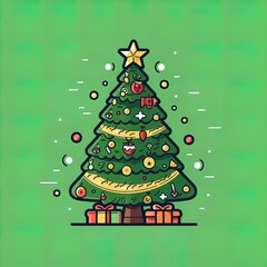 Naklejka premium Christmas green decorated tree. Flat style vector illustration isolated on clear background