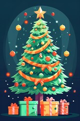 Fototapeta premium Christmas green decorated tree. Flat style vector illustration isolated on clear background