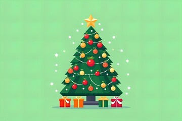 Christmas green decorated tree. Flat style vector illustration isolated on clear background
