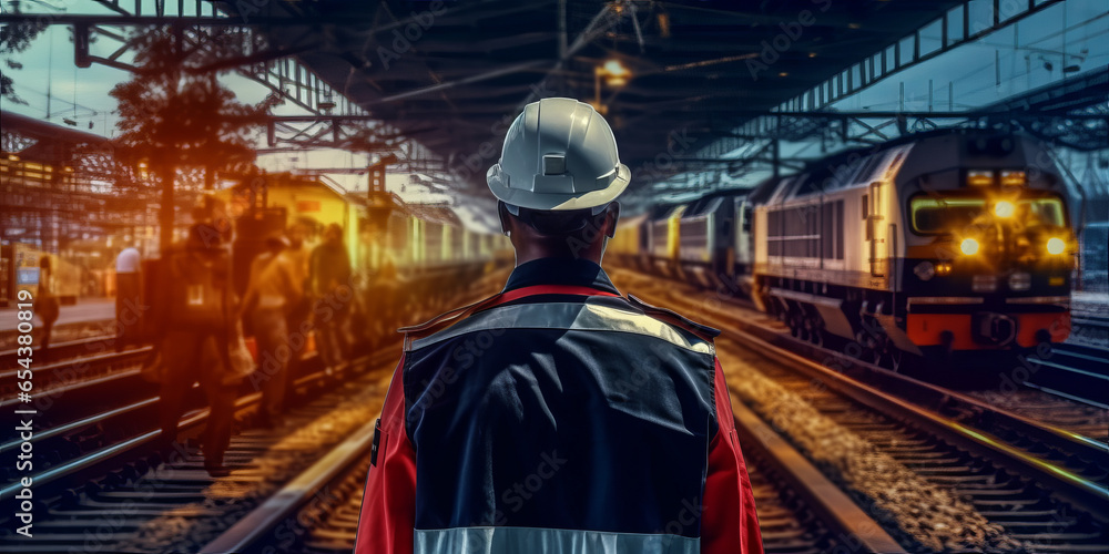 Poster double exposure of team railway engineer is on duty in work site with abstract background.