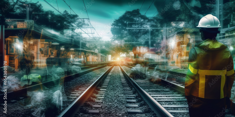 Poster double exposure of team railway engineer is on duty in work site with abstract background.
