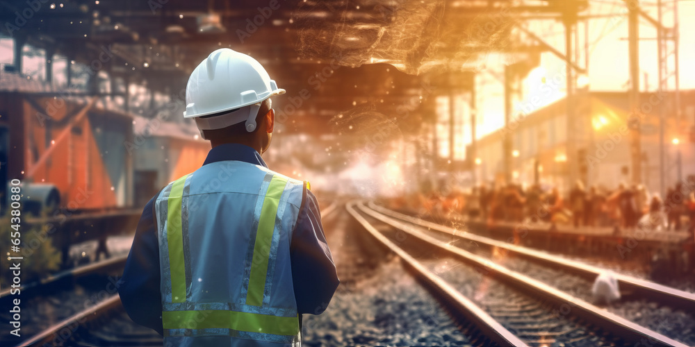 Poster double exposure of team railway engineer is on duty in work site with abstract background.