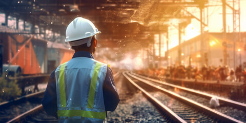 Double exposure of team railway engineer is on duty in work site with abstract background.