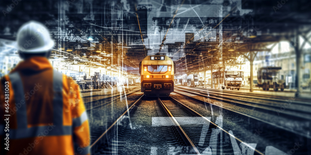 Poster double exposure of team railway engineer is on duty in work site with abstract background.