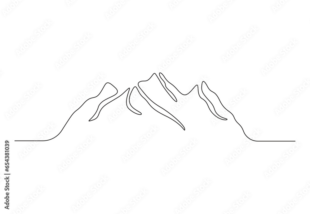 Poster mountains landscape in single line drawing mounts with high peak in simple linear style vector illus