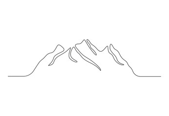 Mountains landscape in single line drawing mounts with high peak in simple linear style vector illustration. Adventure winter sports climbing and outdoor tourism concept. Premium vector.