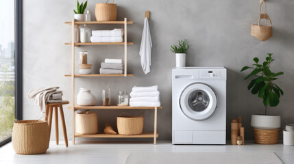 Open shelving with towels and a washing machine in the utility room