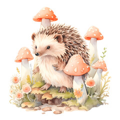 Cute Autumn Animal: Hedgehog Watercolor Clipart, Fall Mushroom Illustration 