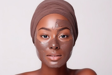 Dark skinned woman with face skin applies nourishing clay mask for rejuvenation does anti wrinkle procedures isolated on white background