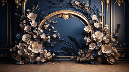 Wall with flower decoration dark blue and gold