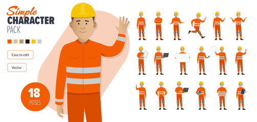 Simple flat construction maintenance worker vector character in a set of multiple poses. Easy to edit and isolated on a white background. Modern trendy style character mega pack with lots of poses.
