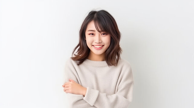 Young asian woman cross arms isolated background and smiling.