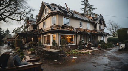 Residential home's roof getting destroyed from violent storm - obrazy, fototapety, plakaty