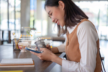 Close up of customer writing reviews, hand pressing on a smartphone screen with a golden five star...