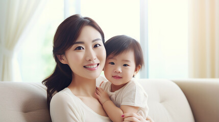 Warm Asian adult oriental mother and child sitting on sofa, smiling