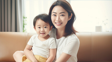 Warm Asian adult oriental mother and child sitting on sofa, smiling - obrazy, fototapety, plakaty