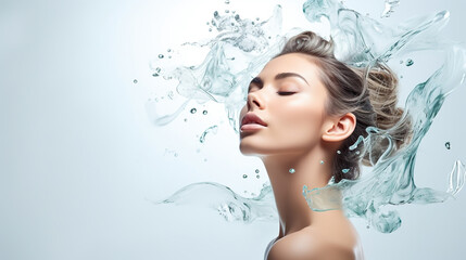 Water, hydration and portrait of a woman with a splash for skincare, wellness and beauty against a...