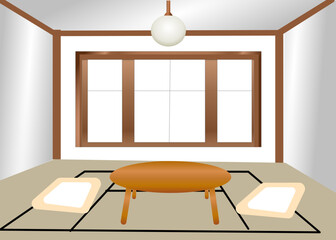 Japanese living room decorating by wooden sofa table made up from illustrations  for interior design concept 